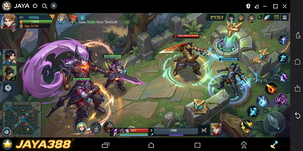 Screenshot gameplay seru JAYA388 dengan karakter MOBA beraksi.