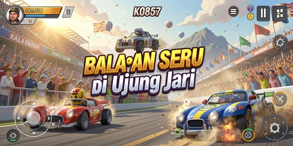 Screenshot utama KO857 menunjukkan aksi balapan yang mendebarkan.