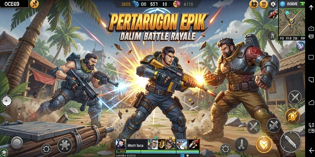 Screenshot gameplay OCE69 menampilkan pertempuran sengit dalam mode Battle Royale.