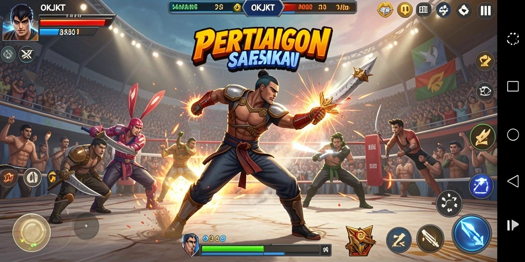 Gameplay seru dan mendebarkan dari OKJKT di arena pertarungan.